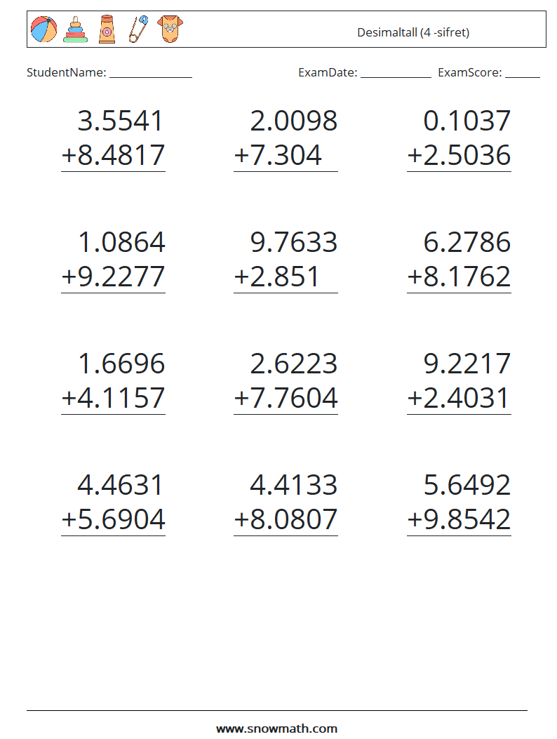 (12) Desimaltall (4 -sifret) MathWorksheets 15