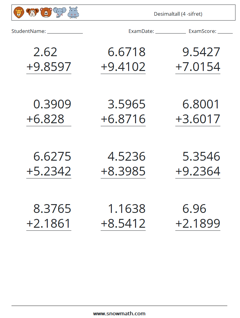 (12) Desimaltall (4 -sifret) MathWorksheets 16