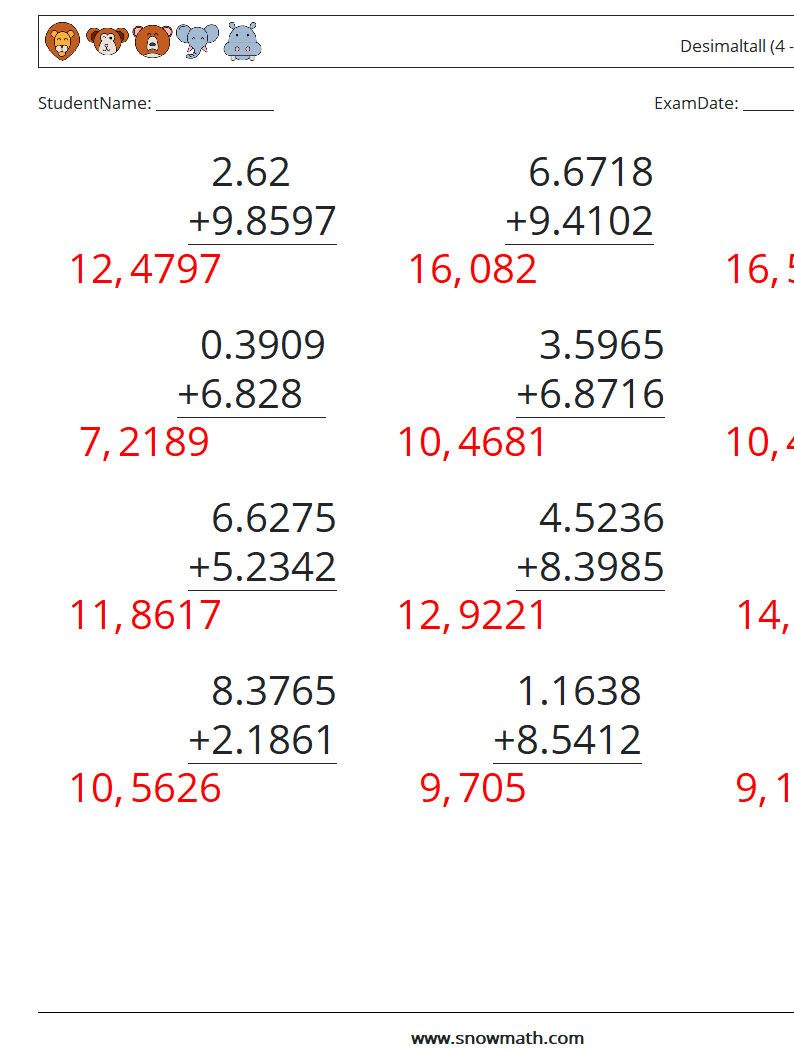 (12) Desimaltall (4 -sifret) MathWorksheets 16 QuestionAnswer