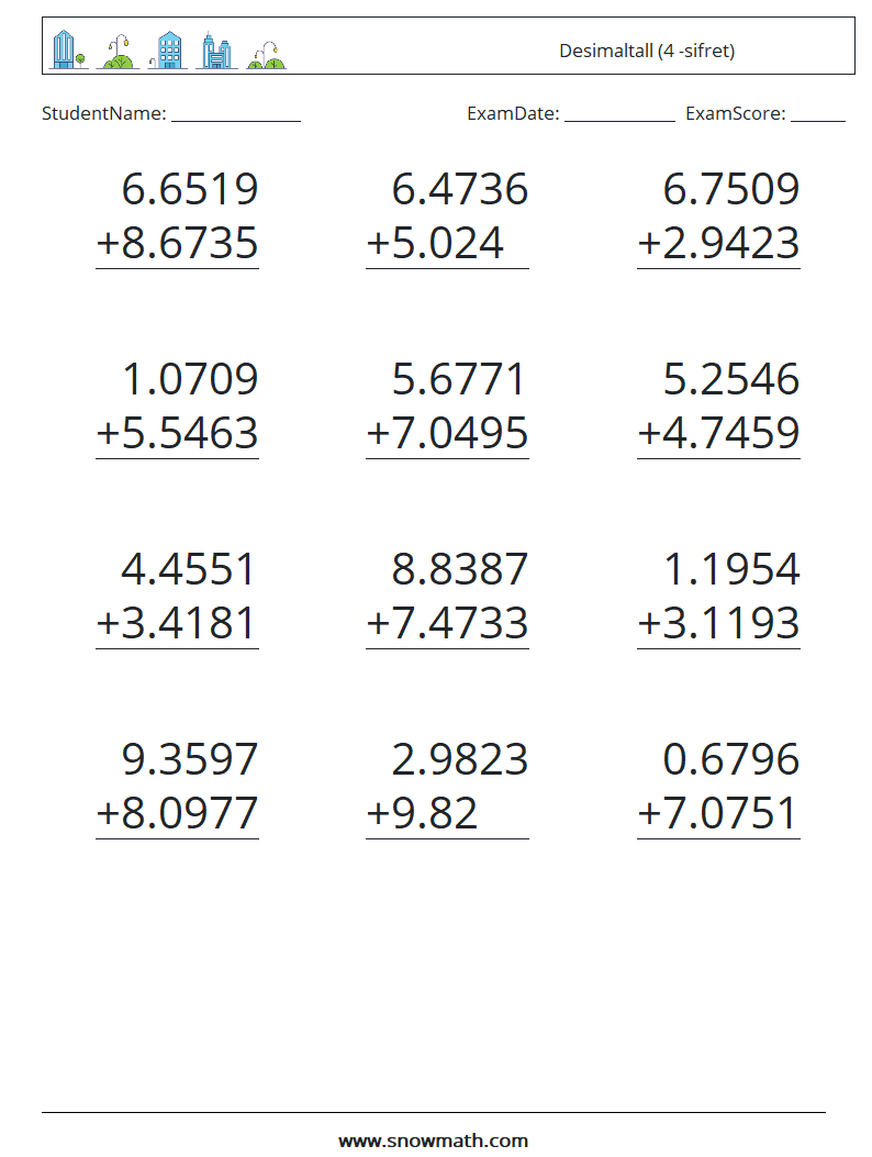 (12) Desimaltall (4 -sifret) MathWorksheets 17