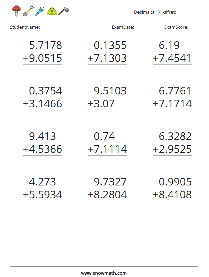 (12) Desimaltall (4 -sifret) MathWorksheets 18