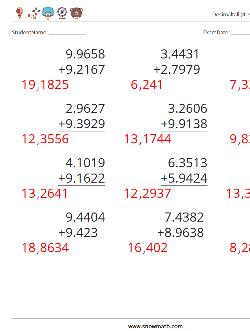 (12) Desimaltall (4 -sifret) MathWorksheets 1 QuestionAnswer