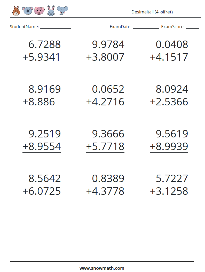 (12) Desimaltall (4 -sifret) MathWorksheets 2