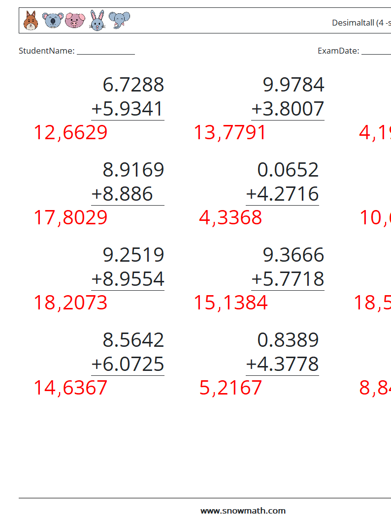 (12) Desimaltall (4 -sifret) MathWorksheets 2 QuestionAnswer