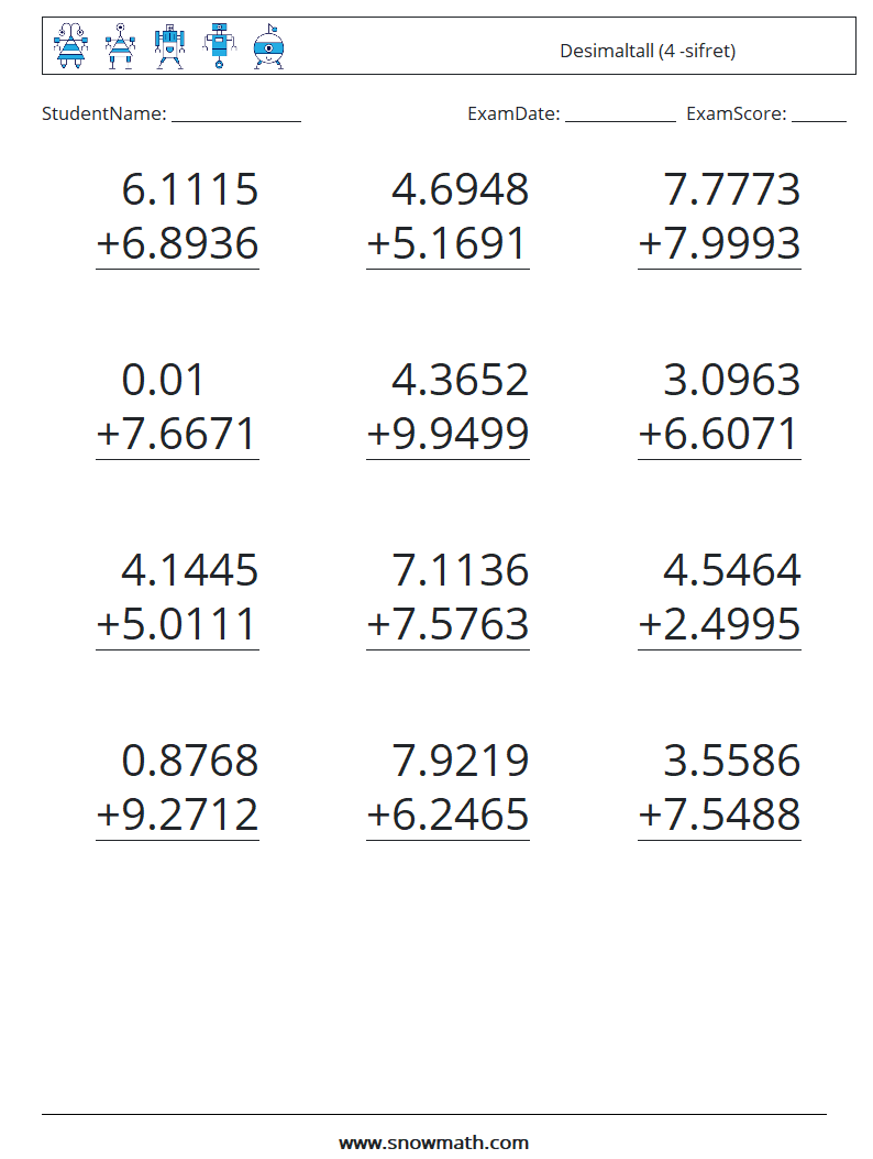 (12) Desimaltall (4 -sifret) MathWorksheets 3