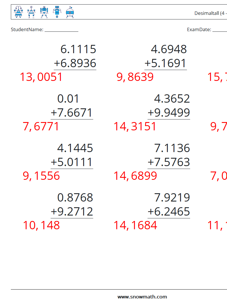 (12) Desimaltall (4 -sifret) MathWorksheets 3 QuestionAnswer