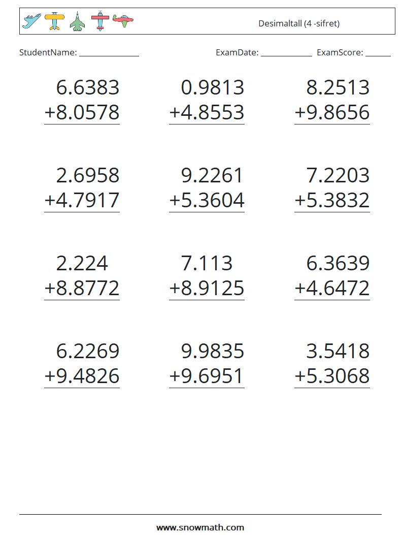 (12) Desimaltall (4 -sifret) MathWorksheets 4