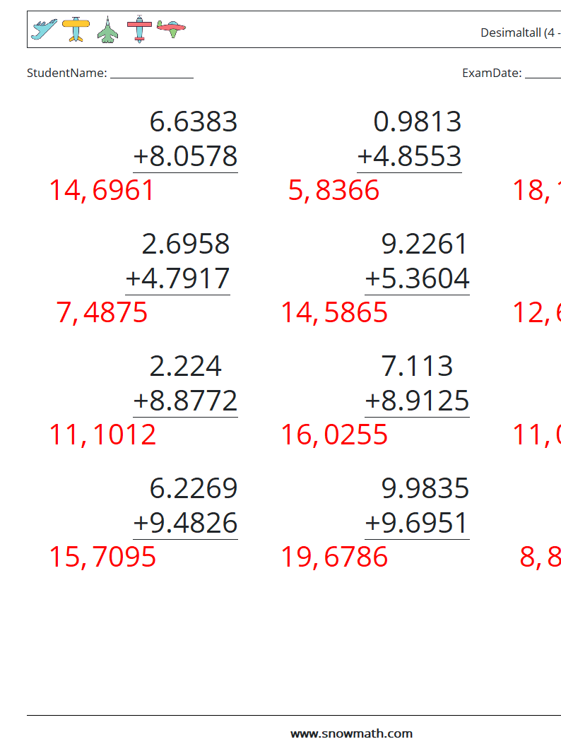 (12) Desimaltall (4 -sifret) MathWorksheets 4 QuestionAnswer