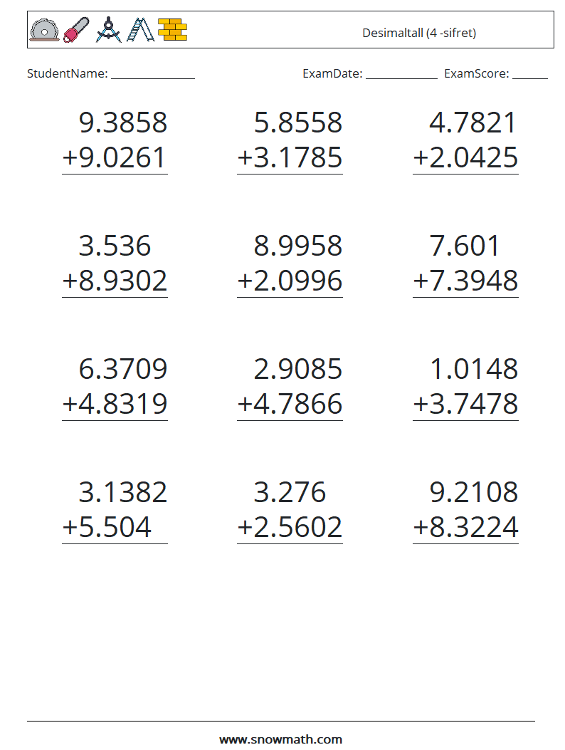 (12) Desimaltall (4 -sifret) MathWorksheets 5