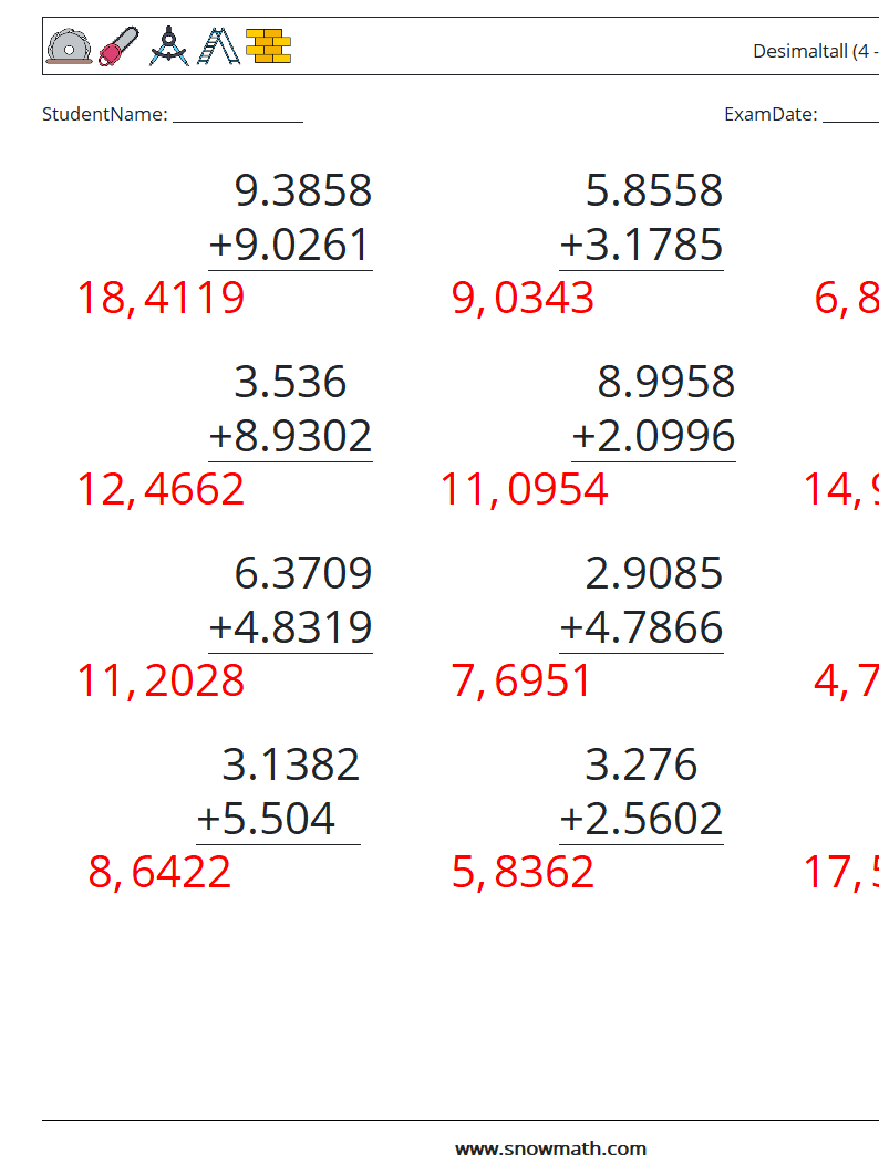 (12) Desimaltall (4 -sifret) MathWorksheets 5 QuestionAnswer