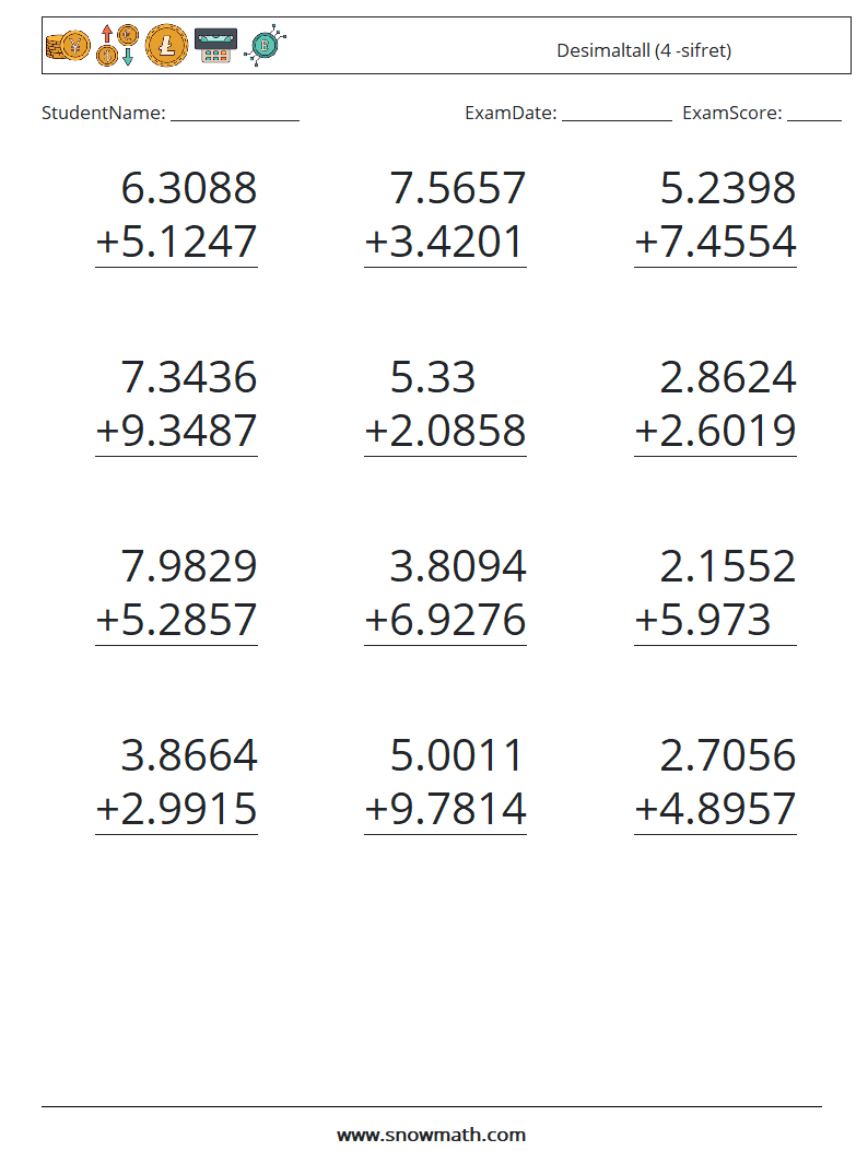 (12) Desimaltall (4 -sifret) MathWorksheets 6