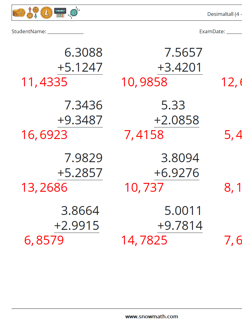 (12) Desimaltall (4 -sifret) MathWorksheets 6 QuestionAnswer