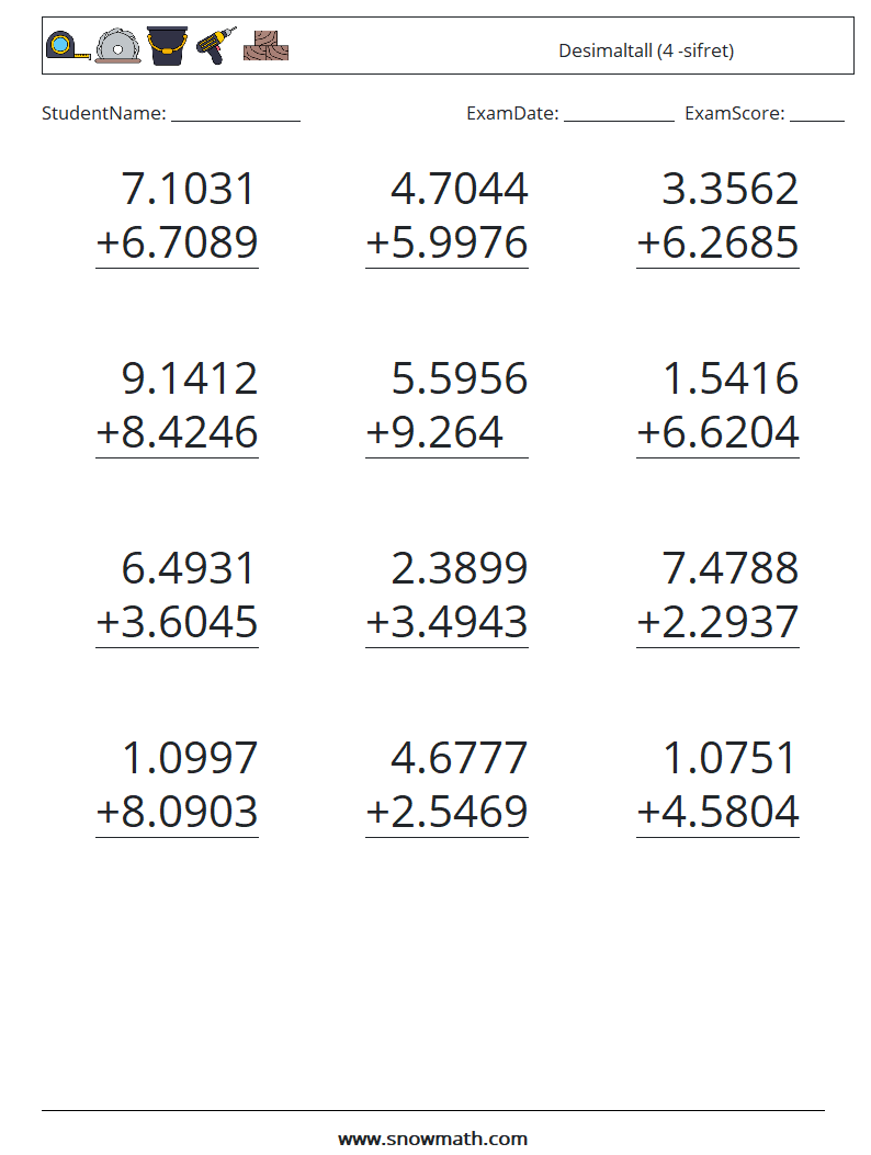 (12) Desimaltall (4 -sifret) MathWorksheets 7