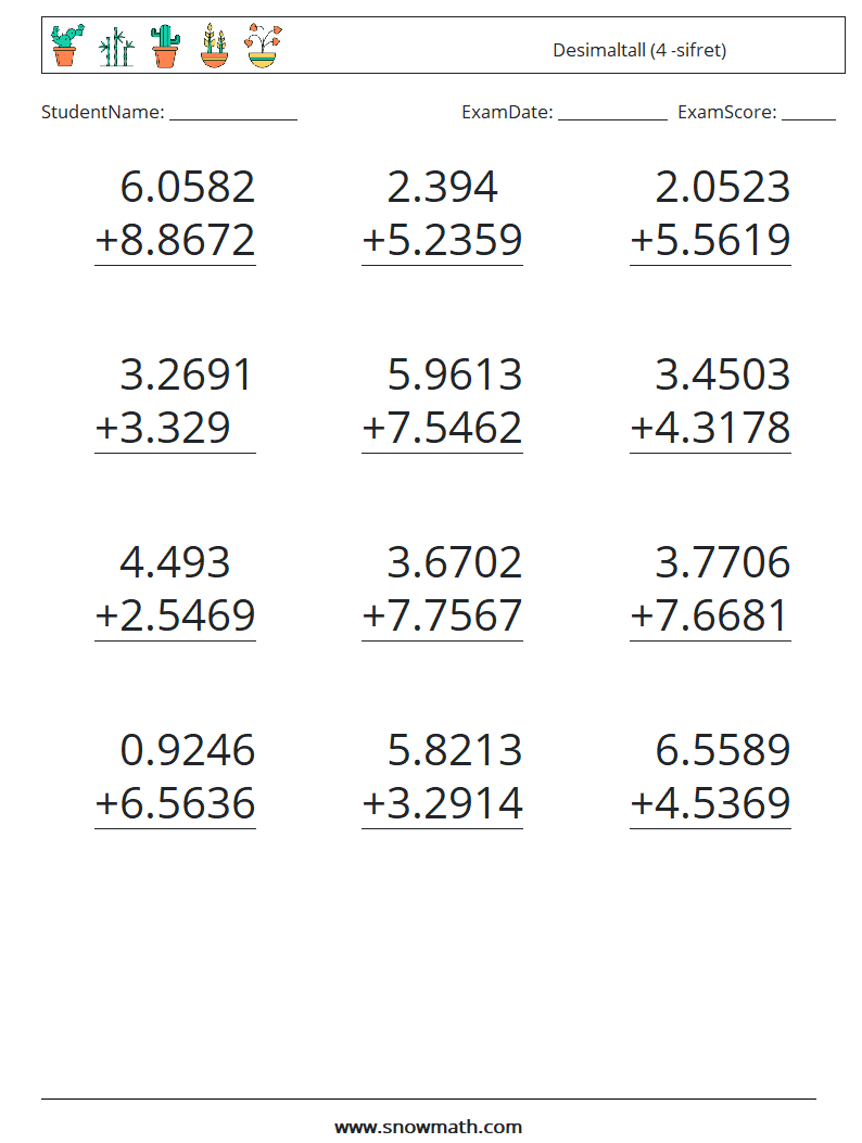 (12) Desimaltall (4 -sifret) MathWorksheets 8