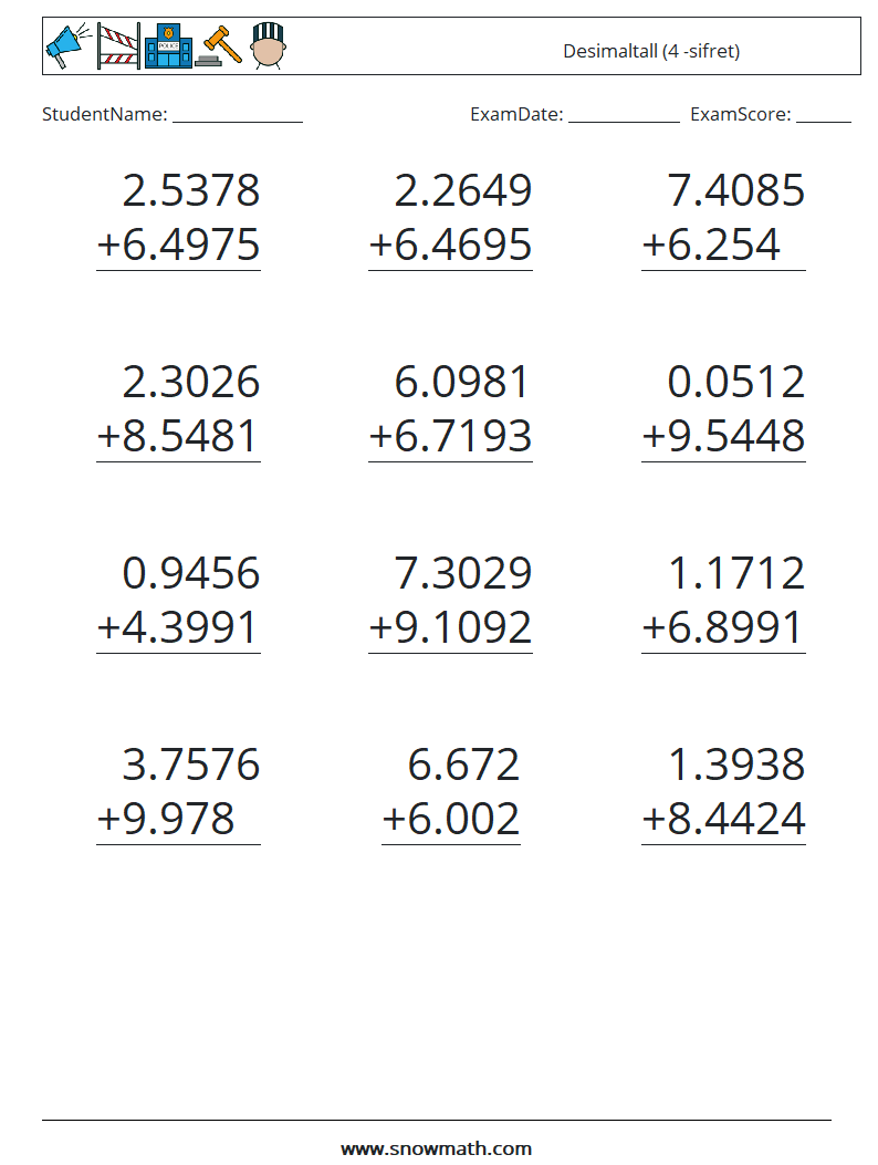 (12) Desimaltall (4 -sifret) MathWorksheets 9