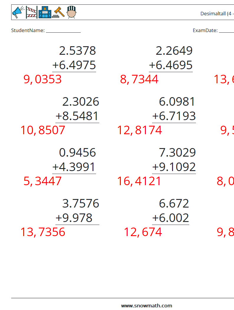 (12) Desimaltall (4 -sifret) MathWorksheets 9 QuestionAnswer