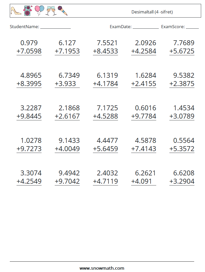 (25) Desimaltall (4 -sifret) MathWorksheets 1