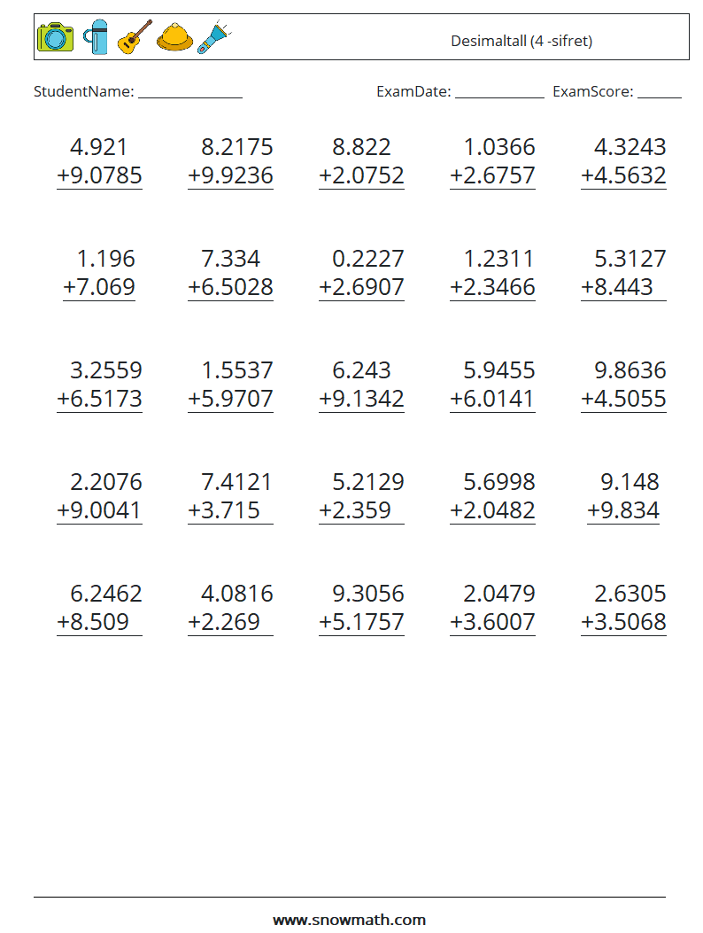 (25) Desimaltall (4 -sifret) MathWorksheets 10