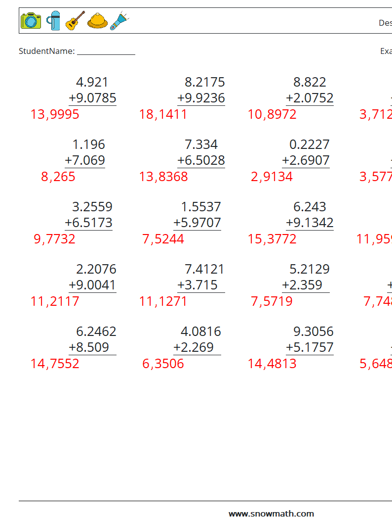 (25) Desimaltall (4 -sifret) MathWorksheets 10 QuestionAnswer