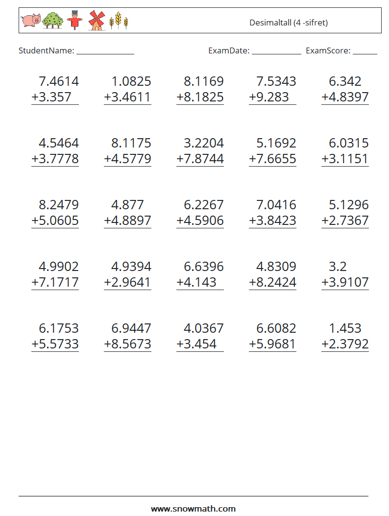 (25) Desimaltall (4 -sifret) MathWorksheets 11