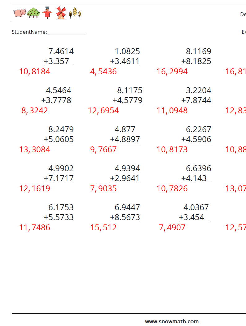 (25) Desimaltall (4 -sifret) MathWorksheets 11 QuestionAnswer