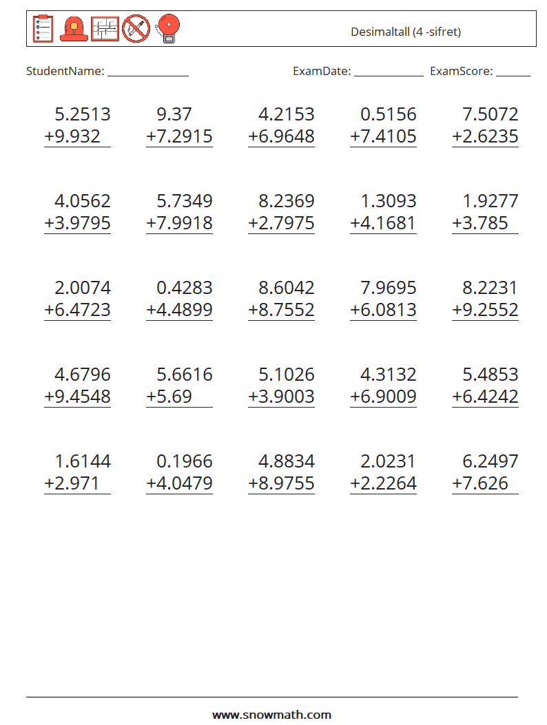 (25) Desimaltall (4 -sifret) MathWorksheets 12