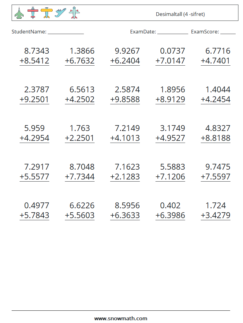 (25) Desimaltall (4 -sifret) MathWorksheets 13