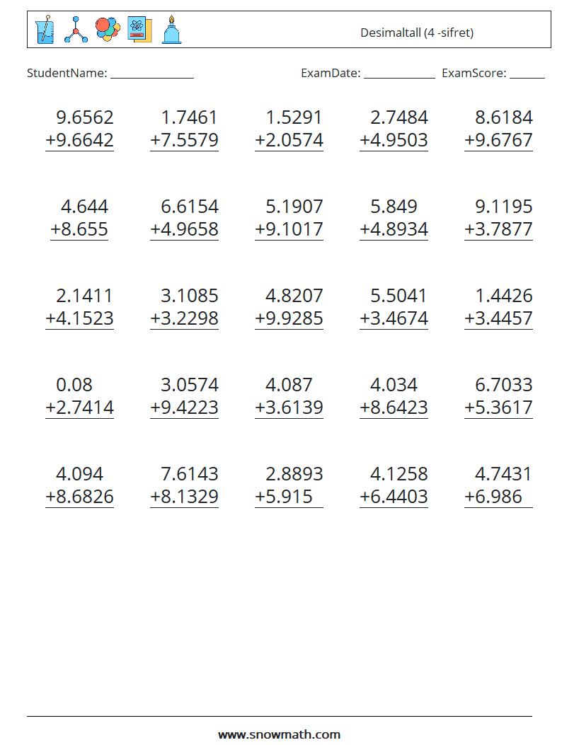 (25) Desimaltall (4 -sifret) MathWorksheets 14