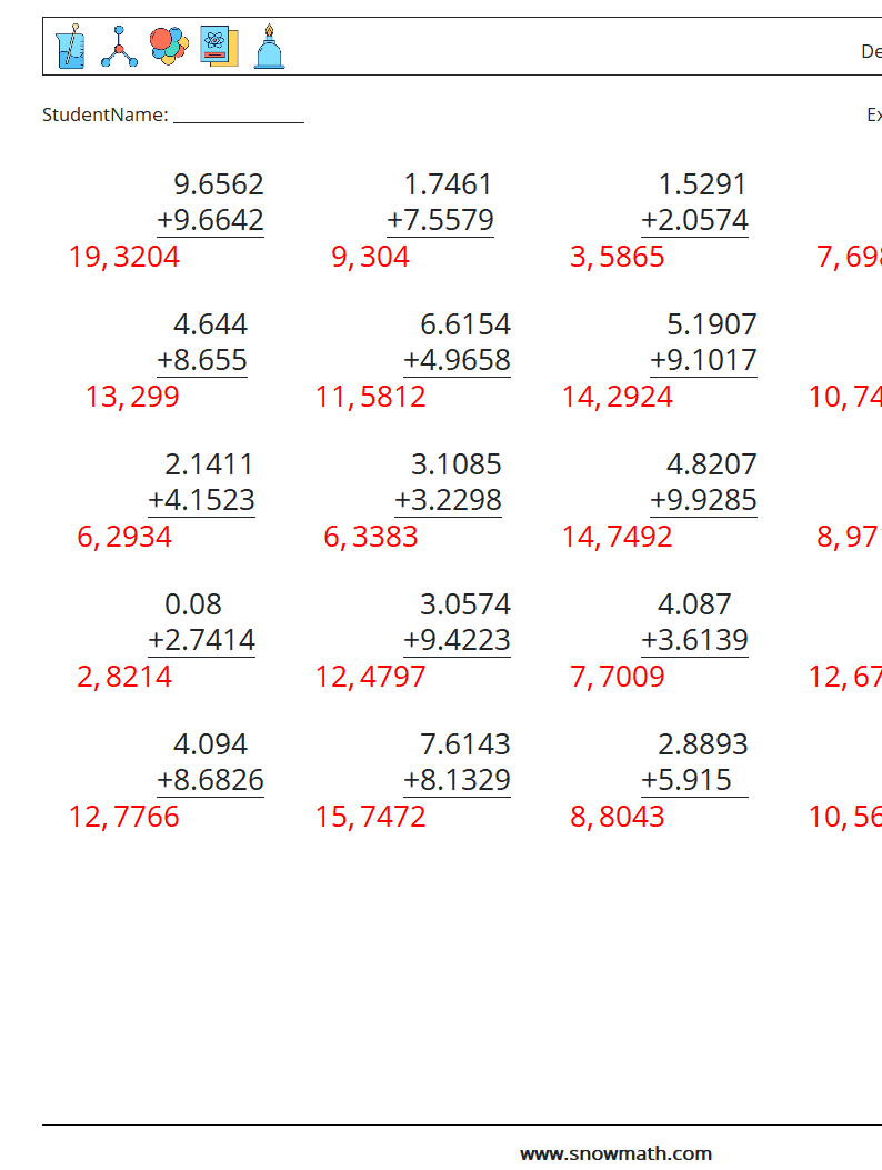 (25) Desimaltall (4 -sifret) MathWorksheets 14 QuestionAnswer