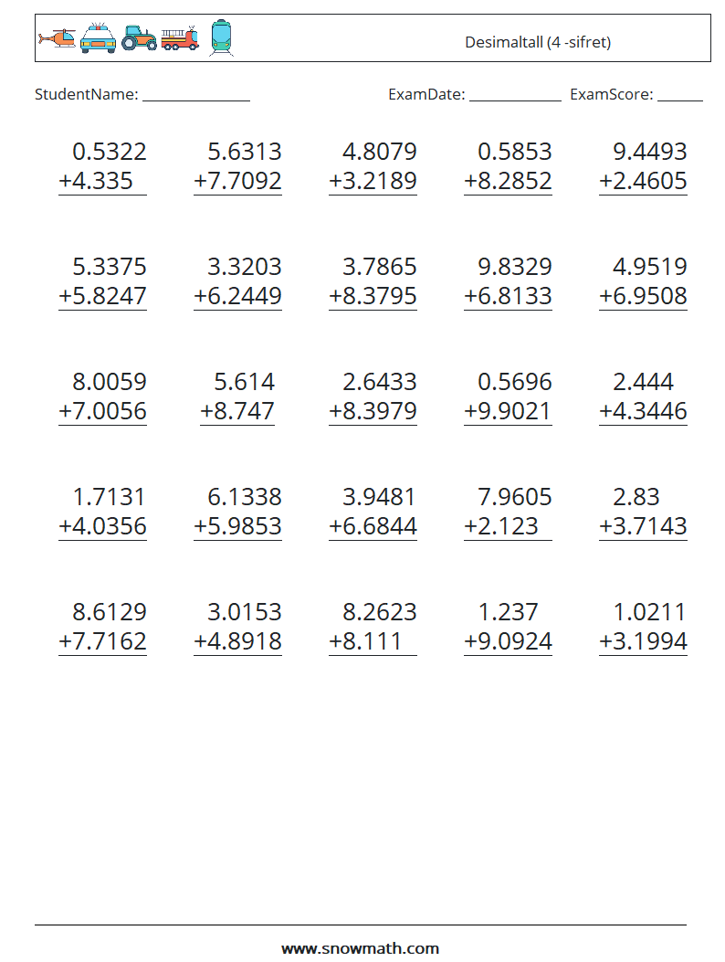 (25) Desimaltall (4 -sifret) MathWorksheets 15