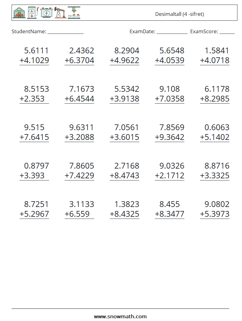 (25) Desimaltall (4 -sifret) MathWorksheets 16