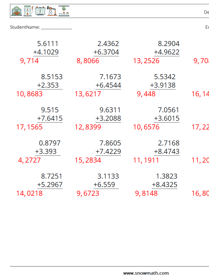 (25) Desimaltall (4 -sifret) MathWorksheets 16 QuestionAnswer