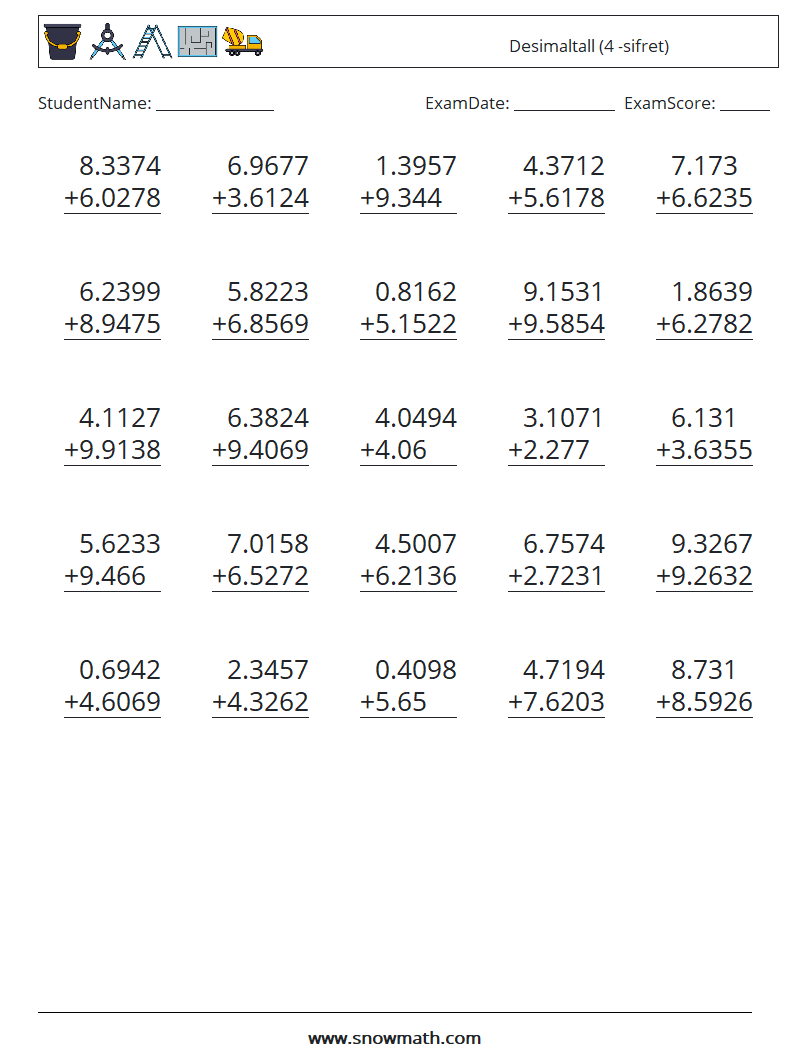 (25) Desimaltall (4 -sifret) MathWorksheets 18