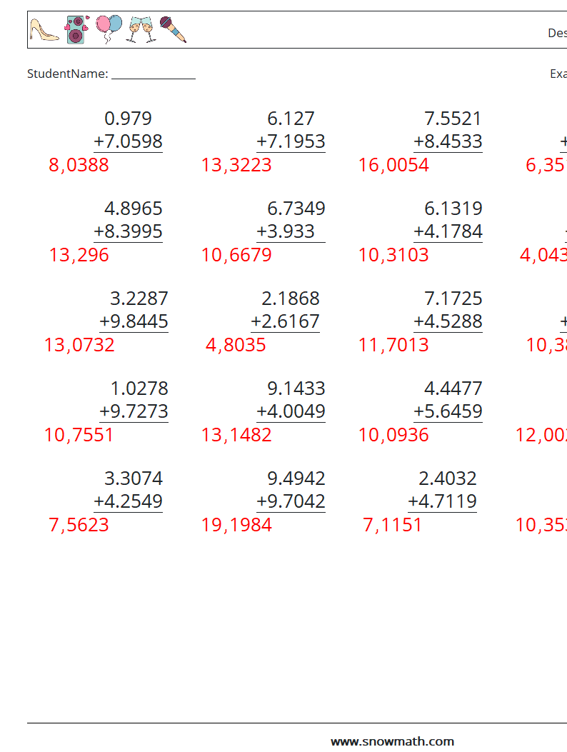 (25) Desimaltall (4 -sifret) MathWorksheets 1 QuestionAnswer