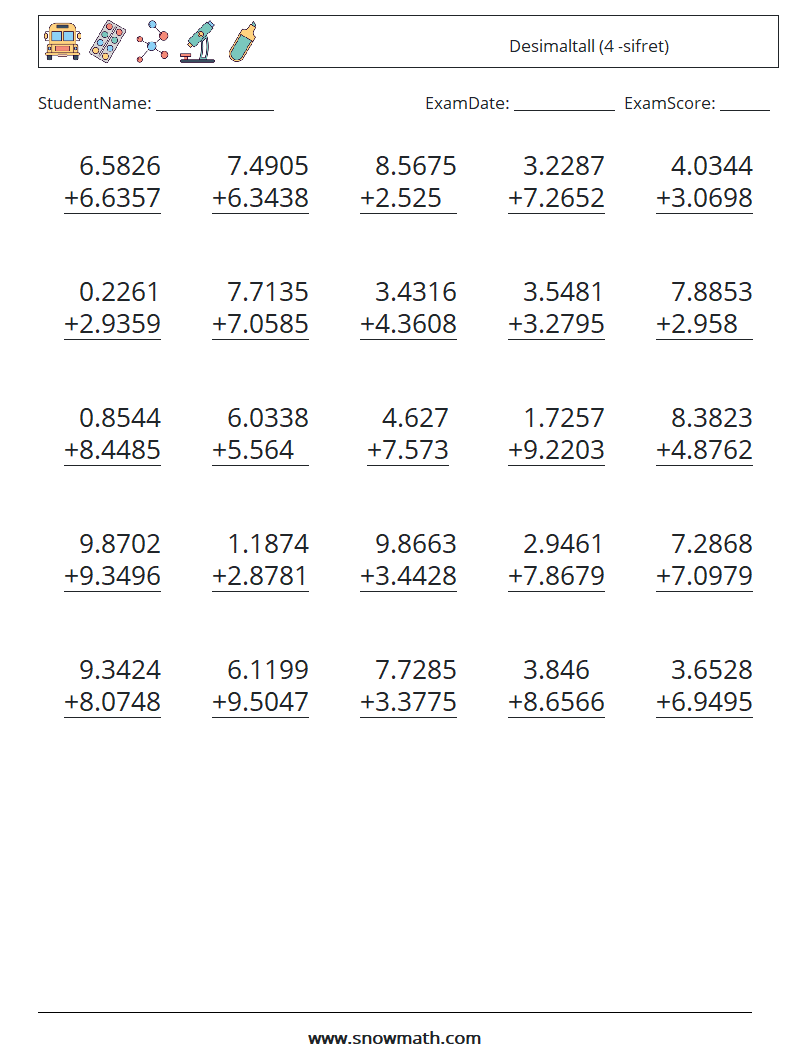 (25) Desimaltall (4 -sifret) MathWorksheets 2