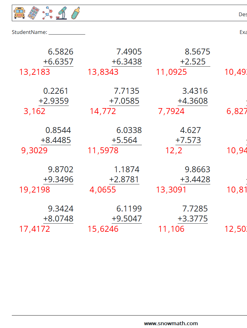 (25) Desimaltall (4 -sifret) MathWorksheets 2 QuestionAnswer