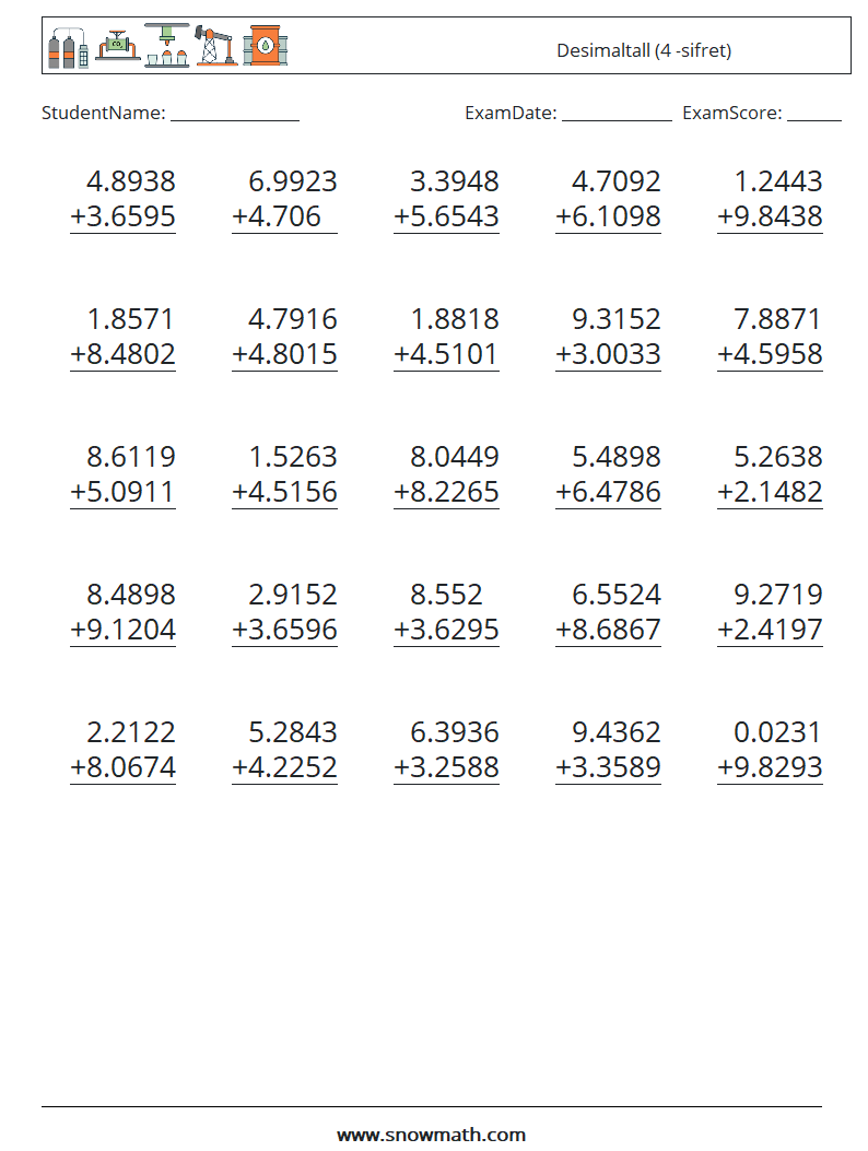 (25) Desimaltall (4 -sifret) MathWorksheets 3