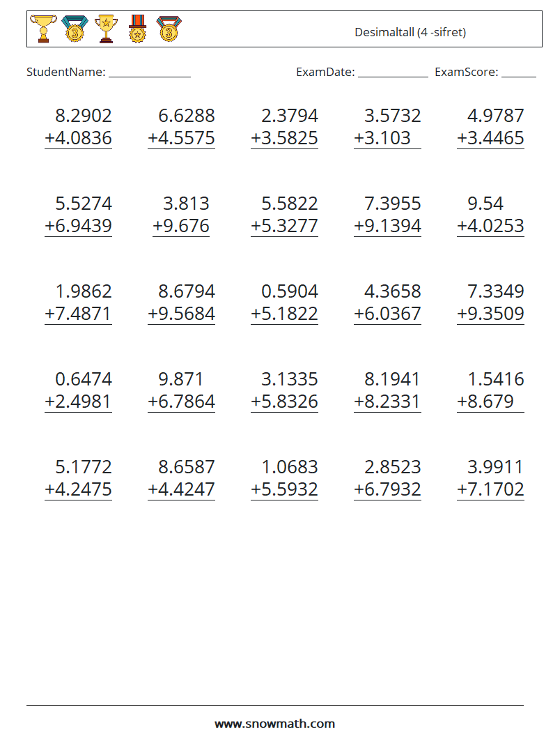 (25) Desimaltall (4 -sifret) MathWorksheets 4