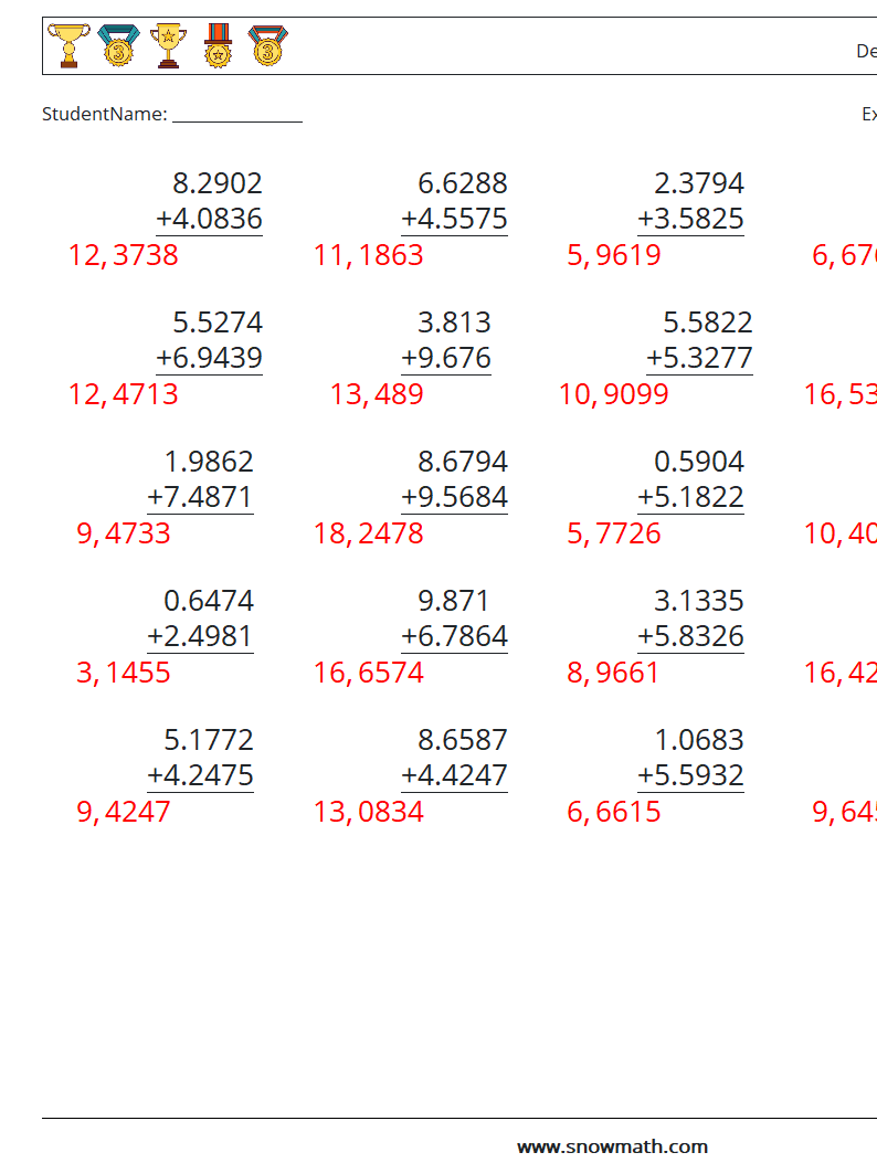 (25) Desimaltall (4 -sifret) MathWorksheets 4 QuestionAnswer