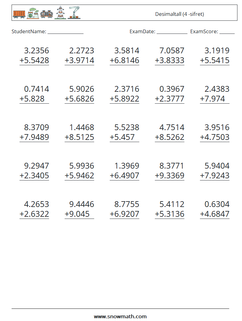 (25) Desimaltall (4 -sifret) MathWorksheets 5