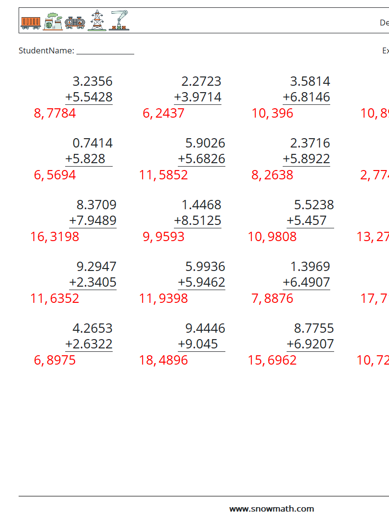 (25) Desimaltall (4 -sifret) MathWorksheets 5 QuestionAnswer