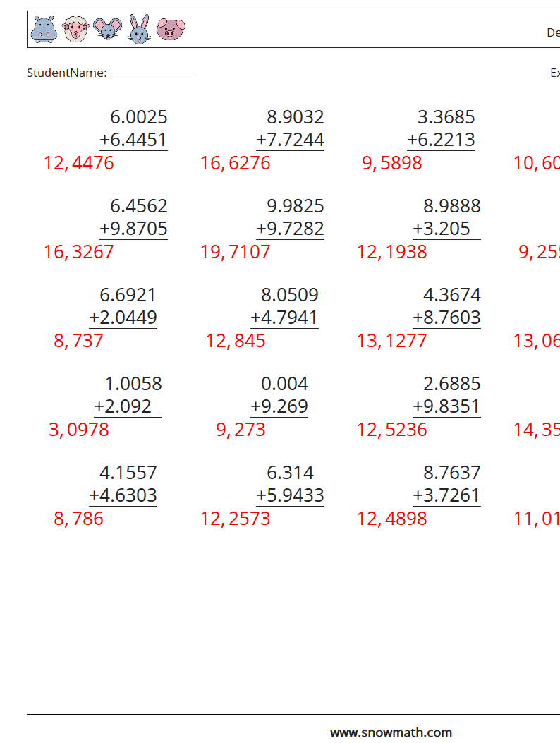 (25) Desimaltall (4 -sifret) MathWorksheets 6 QuestionAnswer