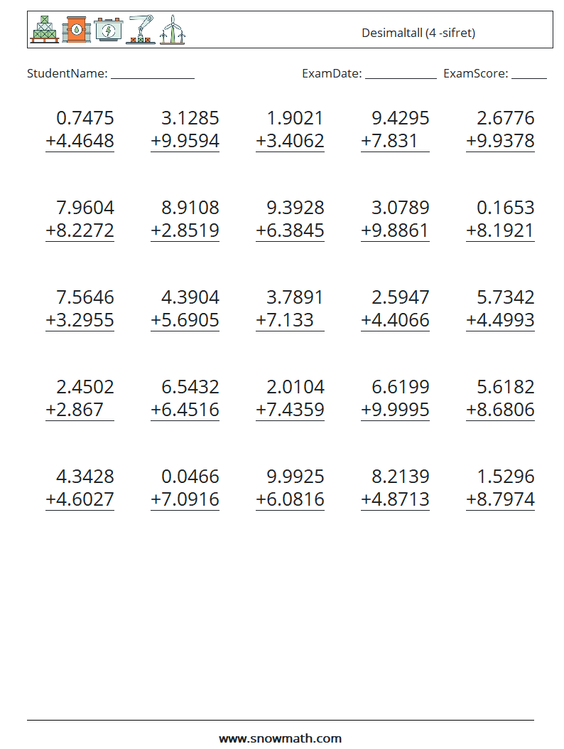 (25) Desimaltall (4 -sifret) MathWorksheets 7