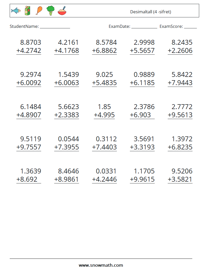 (25) Desimaltall (4 -sifret) MathWorksheets 8