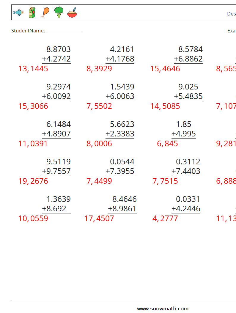 (25) Desimaltall (4 -sifret) MathWorksheets 8 QuestionAnswer