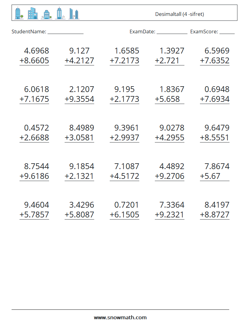 (25) Desimaltall (4 -sifret) MathWorksheets 9