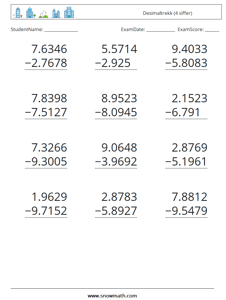 (12) Desimaltrekk (4 siffer) MathWorksheets 10