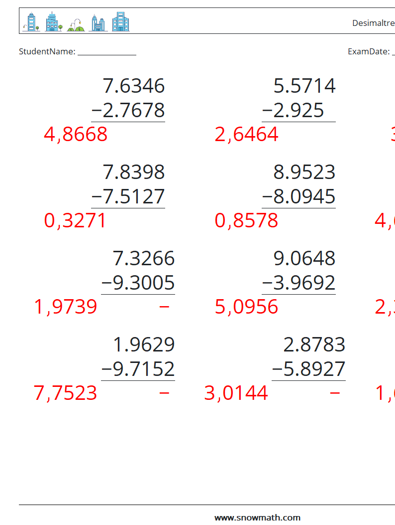 (12) Desimaltrekk (4 siffer) MathWorksheets 10 QuestionAnswer