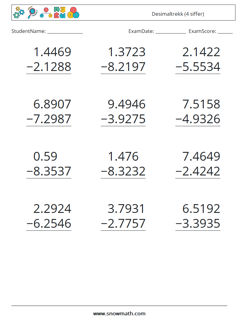 (12) Desimaltrekk (4 siffer) MathWorksheets 11