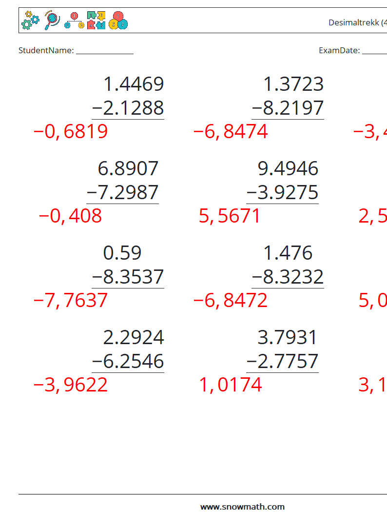 (12) Desimaltrekk (4 siffer) MathWorksheets 11 QuestionAnswer